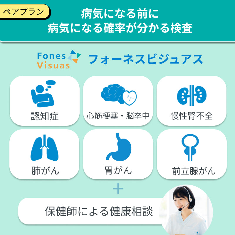 【ペアプラン】フォーネスビジュアス 疾病リスク予測フルセット(認知症/心筋梗塞・脳卒中/慢性腎不全/肺がん/胃がん/前立腺がん)